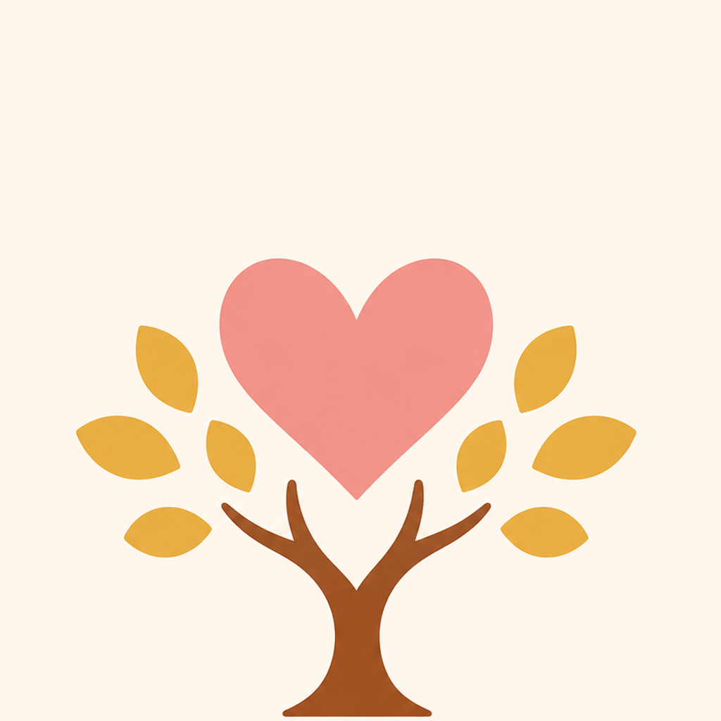 Perfil visual de marca con un árbol de raíces profundas, un corazón rosa y hojas doradas.