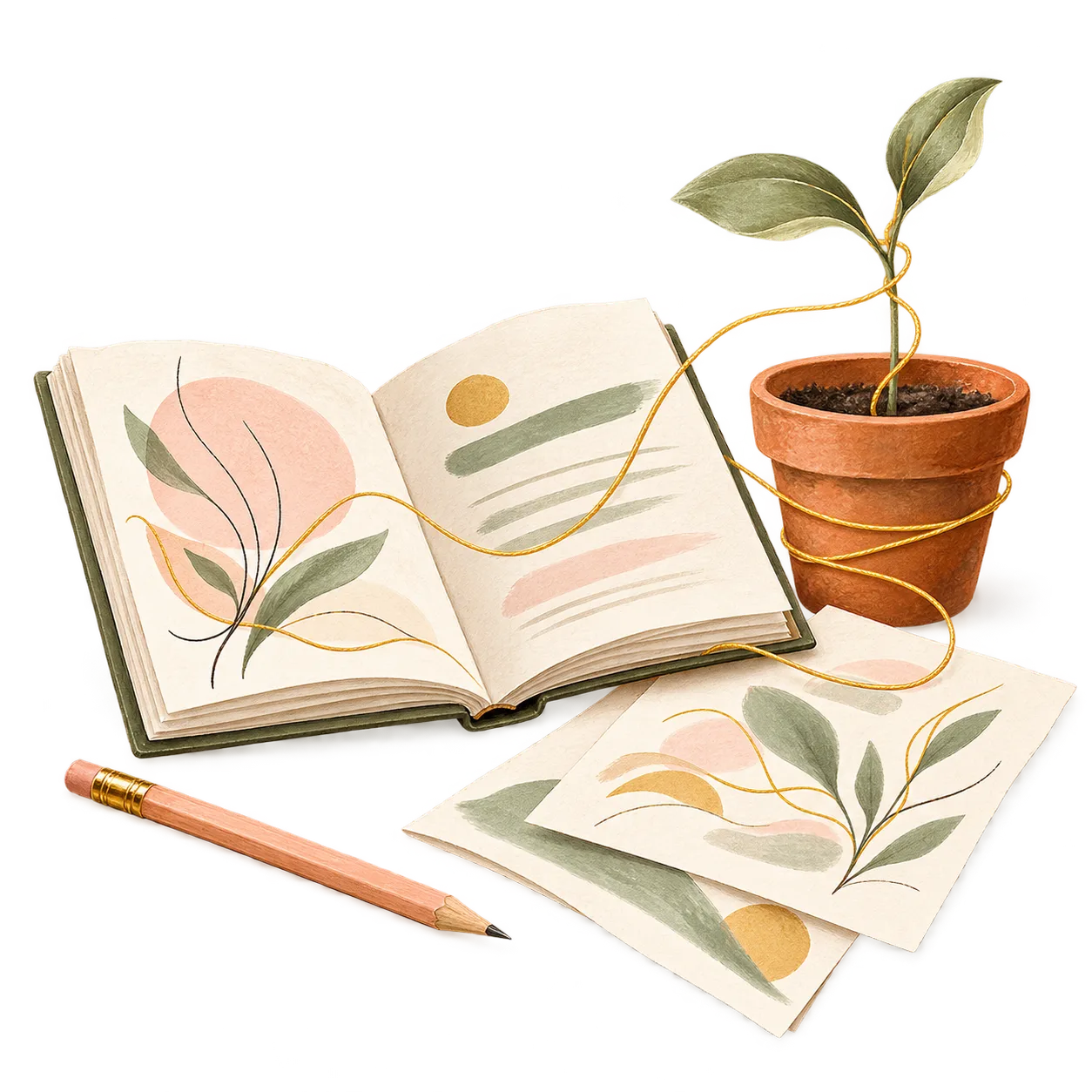 Ilustración editorial de una guía abierta, un lápiz y una planta unidos por un hilo dorado.